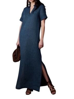 Banana Republic Petite Medium NWT Indigo Blue Cruz Linen Maxi Shirtdress PM $190